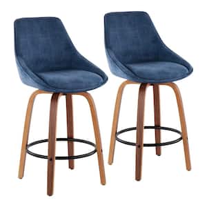 Diana 25.50 in. Solid Back Counter Height Stool in Blue Corduroy and Walnut Wood with Round Black Footrest (Set of 2)