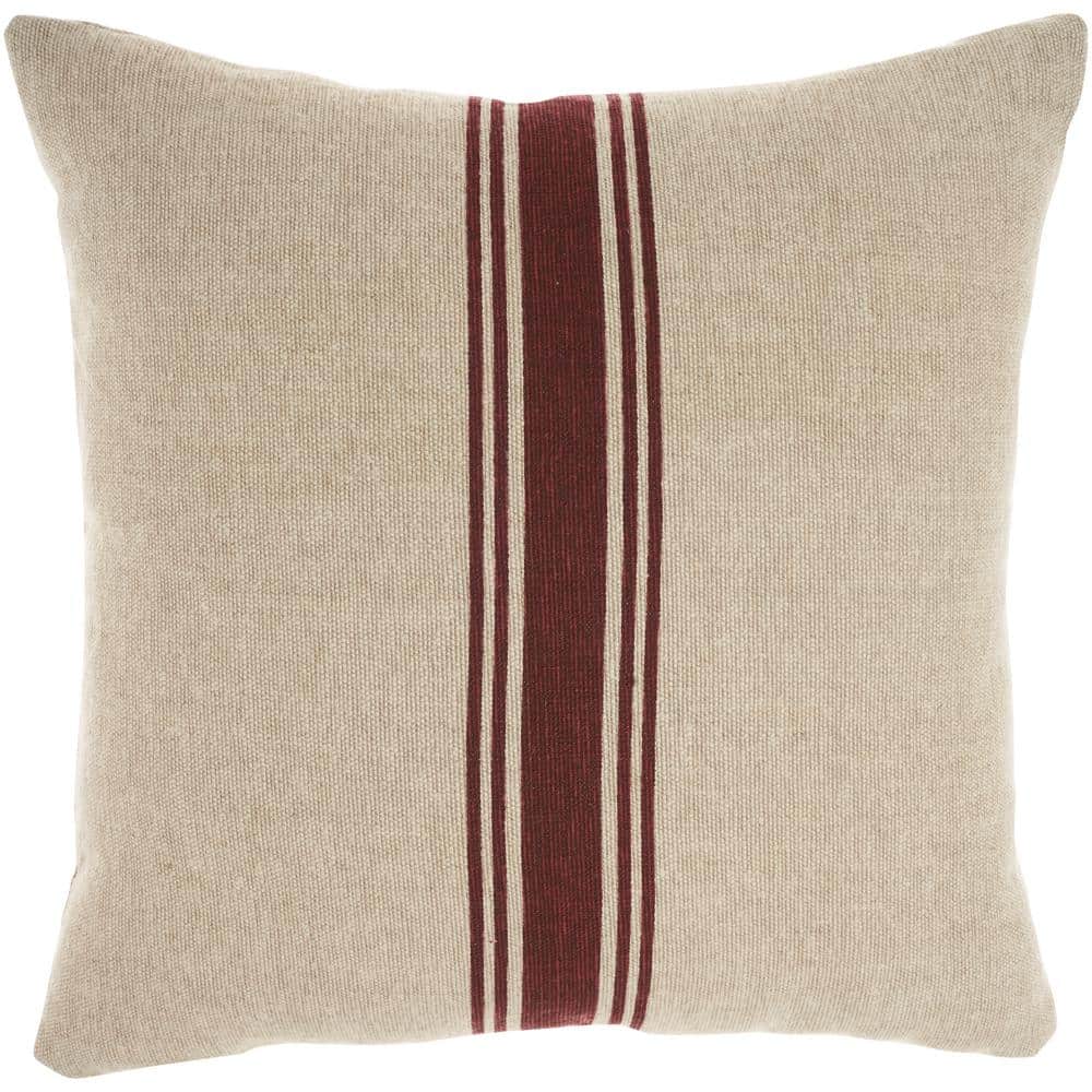 20" Maroon and Beige Cotton Linen Striped Square Throw Pillow
