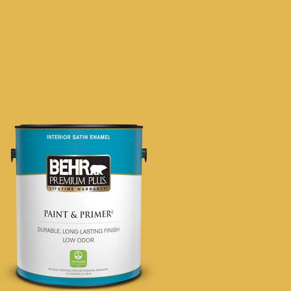 BEHR PREMIUM PLUS 1 gal. #360D-6 Yellow Gold Satin Enamel Low Odor Interior Paint & Primer