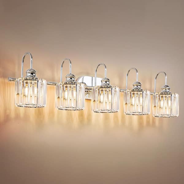 Katherine 37.4 in. 5-Light Modern Chrome Bathroom Vanity Light with Round Crystal Shades