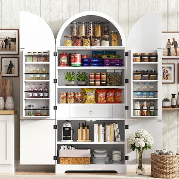 Farmhouse Fluted White Wood 31.5 in. Kitchen Island Arched Versatile Pantry Cupboard with Hidden Drawer and 4-Door