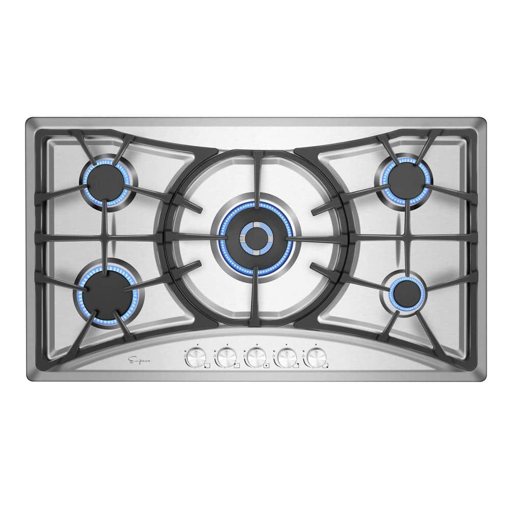 Empava 36 in. Recessed Gas Stove Cooktop with Modern Design 5 Italy SABAF 3.0 Sealed Burners in Stainless Steel, Silver