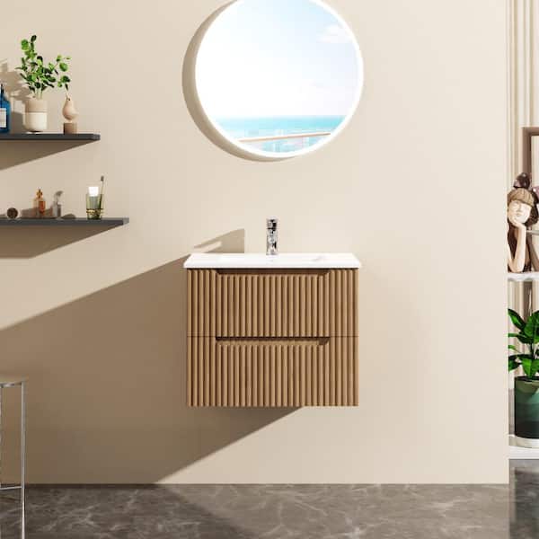Unbranded 24 in. W Wall-Mount Walnut Bath Vanity with White Ceramic Top Unassembled