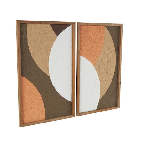 Litton Lane 23 in. x 37 in. Overlapping Circles Abstract Wood Wall Art Decor with Orange and White Accents (Set of 2)