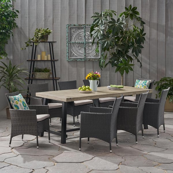 Flamingo 30 in. Grey 9-Piece Metal Rectangular Patio Outdoor Dining Set with Light Grey Cushions