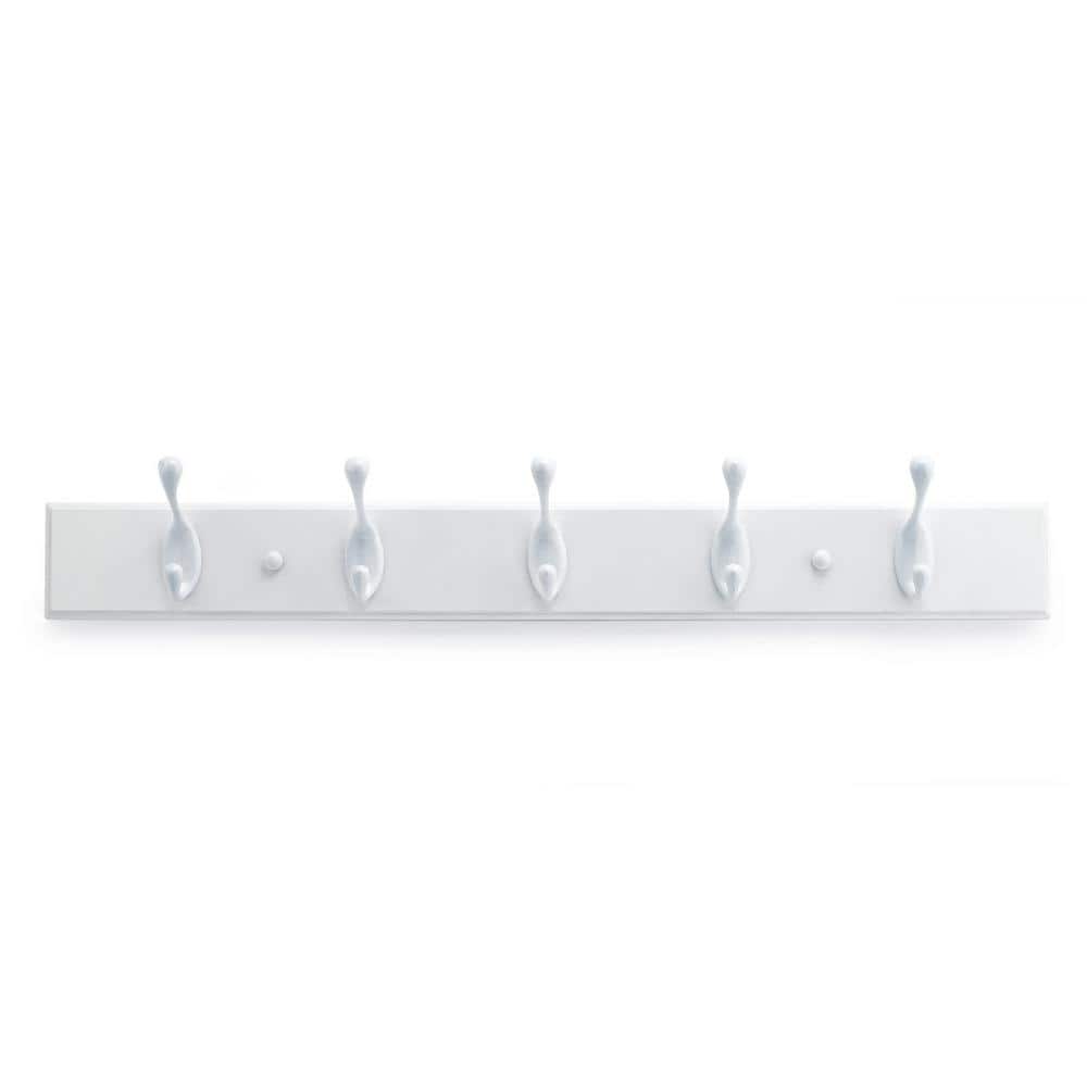 White Metal and Wood 24" Utility 5-Hook Wall Rack