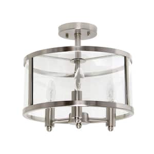 13 in. Brushed Nickel 3-Light Semi Flushmount Industrial Farmhouse Glass and Metallic Accented