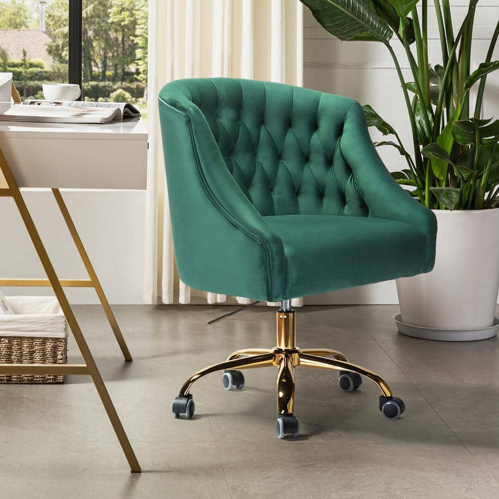 Ergonomic Green Velvet Task Chair with Gold Metal Legs