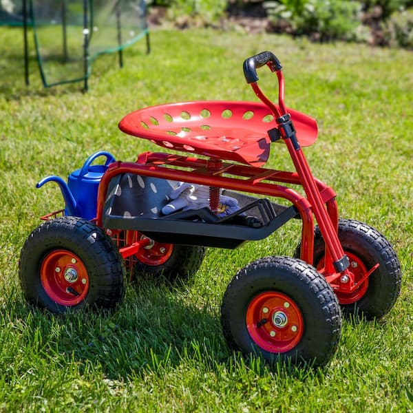 Sunnydaze Red Steel Rolling Garden Cart with Extendable Steering