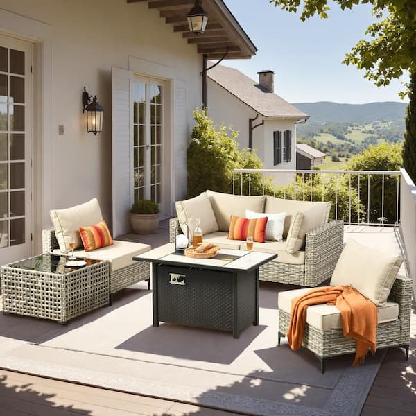 OVIOS Supery Gray 6-Piece Wicker Rectangle Fire Pit Patio Conversation Set with Beige Cushions