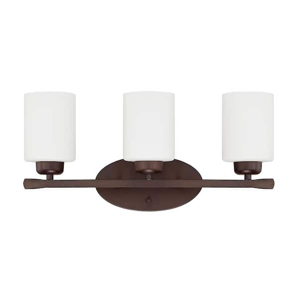 20.5 in. W x 9 in. H x 7 in. E 3-Light Soft White Glass Vanity Light in Bronze