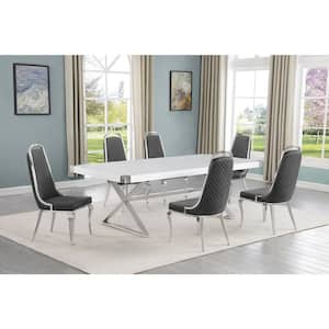 Miguel 7-Piece Rectangle White Wood Top Silver Stainless Steel Dining Set with 6 Dark Gray Chairs