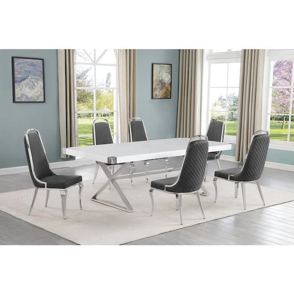 Best Quality Furniture Miguel 7-Piece Rectangle White Wood Top Silver Stainless Steel Dining Set with 6 Dark Gray Chairs