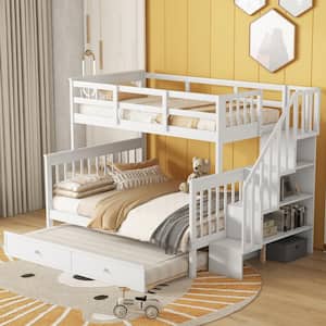 Detachable Style White Twin over Full Wood Bunk Bed with Storage Staircase, Twin Size Trundle, Shelves
