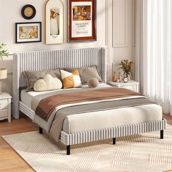 Queen Size Velvet Bed frame Upholstered Platform Bed in White with Wingback Headboard