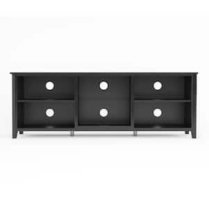 Farmhouse 70 in. Wood Black TV Stand with 4-Open Storage Shelves Fits TV's up to 60 in. with Cable Management
