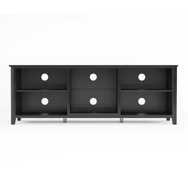 Farmhouse 70 in. Wood Black TV Stand with 4Open Storage Shelves Fits