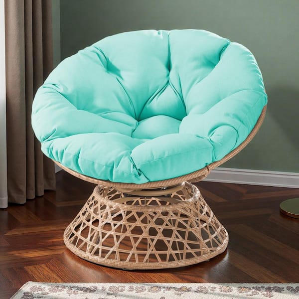 Indoor Outdoor Papasan Chair with Teal Cushion and Rattan Frame, 360° Swivel Wicker Lounge Reading Chair