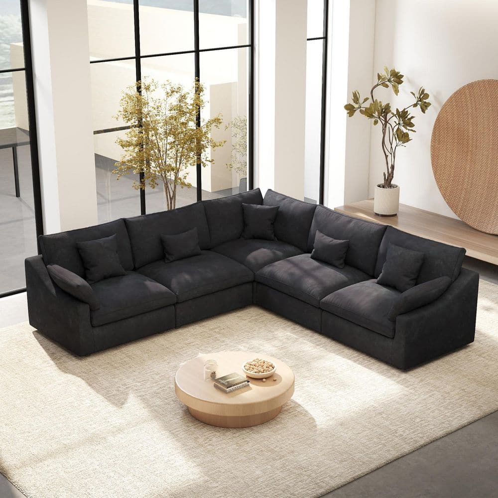 Oversized 119 in. Flared Arm Down Filled Plush Linen Modular V-Shaped Cloud Sofa with Detachable Covers in Black price history on PriceWatchPro