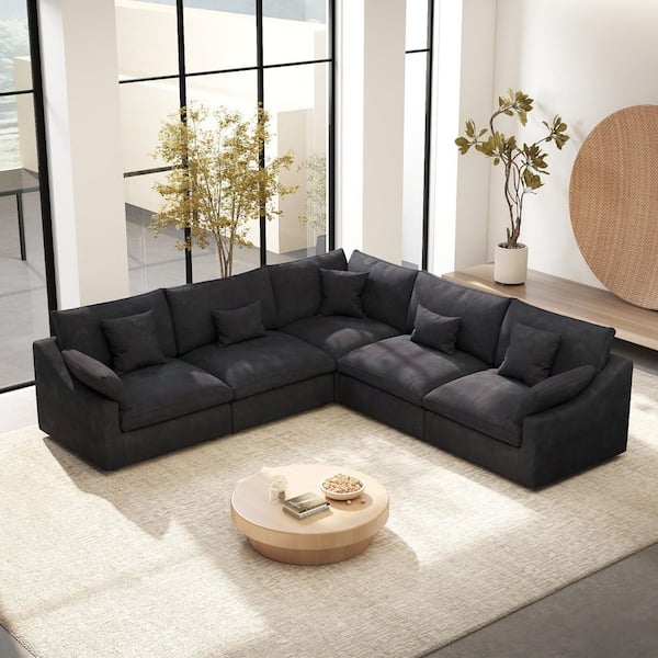 Modular Large 238 in. Flared Arm 5-Piece L-shaped Linen Cloud Couch Sectional Sofa in. Black