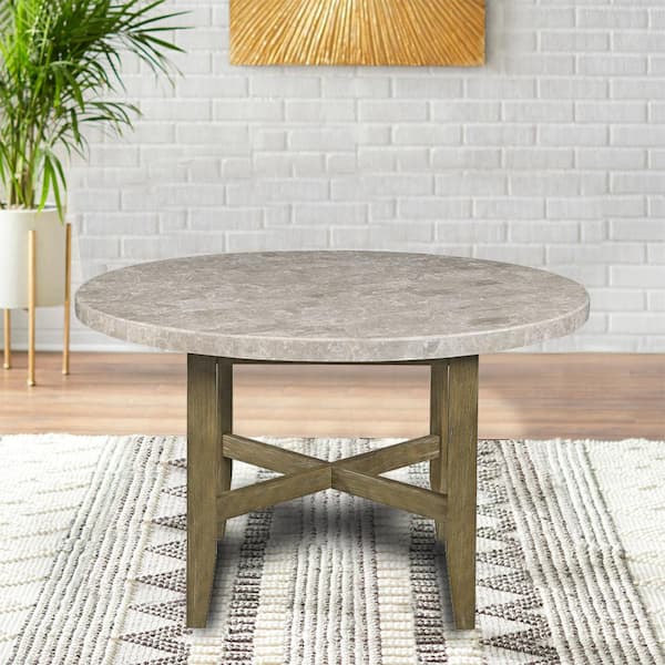 Acme Furniture Karsen Rustic Oak Marble 52 in. Trestle Dining Table Seats 4