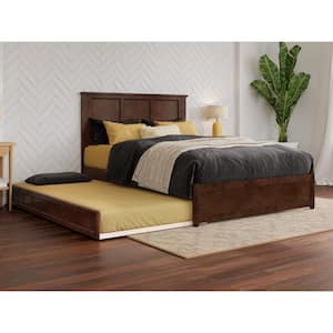 Malta Walnut Brown Solid Wood Frame Full Platform Bed with Panel Footboard and Twin Trundle