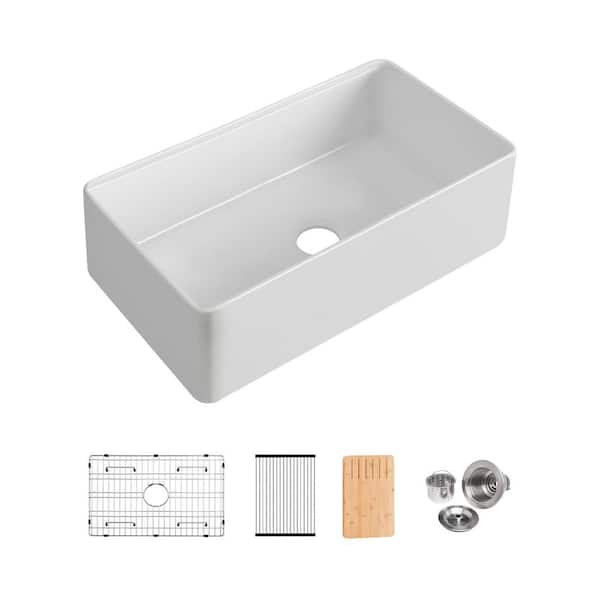 Unbranded Fireclay 33 in. Single Basin Workstation Farmhouse Kitchen Sink with Grid and Strainer