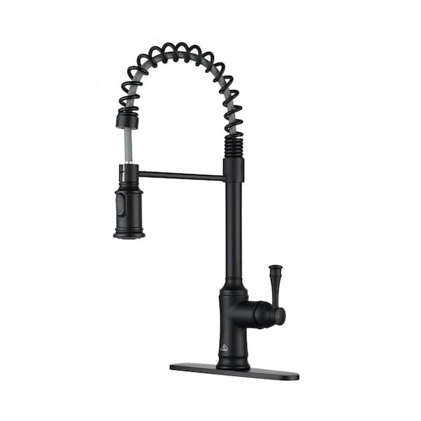 2-Spray Patterns Single Handle Pull Down Sprayer Kitchen Faucet with Deckplate and Water Supply Hoses in Matte Black