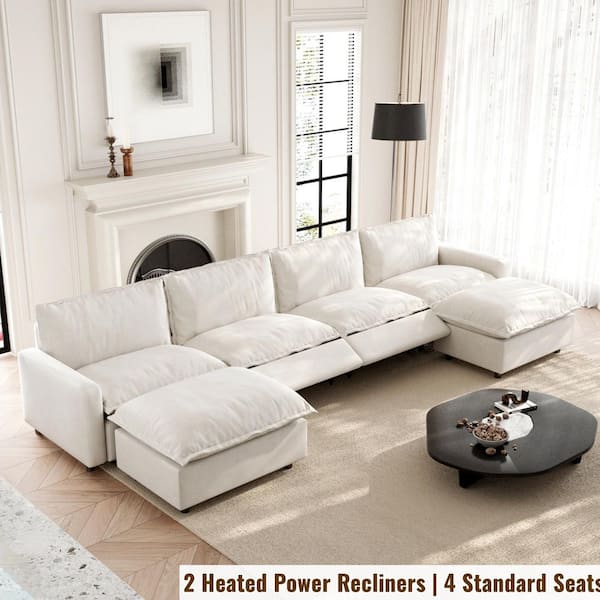 149 in. Electric Modular Recline Sectional Sofa, Square Arm Linen 6-Pieces Sofa with 3-Heat Levels, Ottomans in Beige