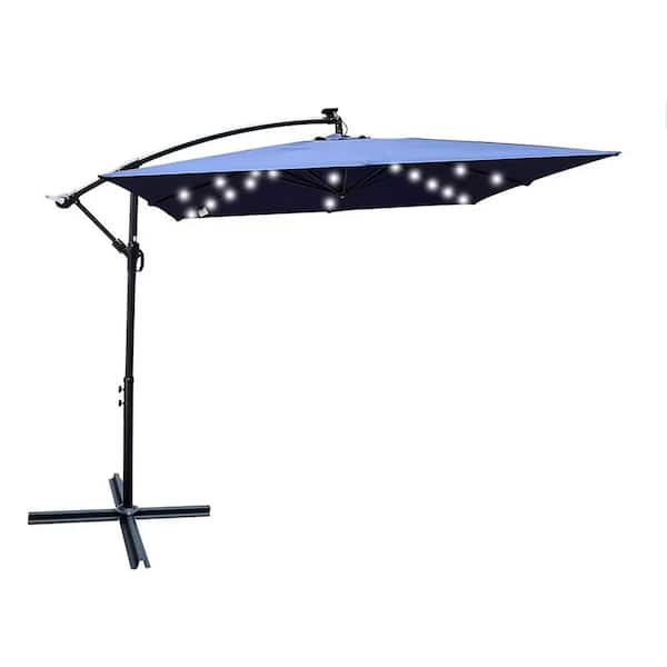 8.2 ft. Steel Cantilever Market Solar-Powered LED Lights Patio Umbrella in Navy Blue with Crank Lift, Cross Base
