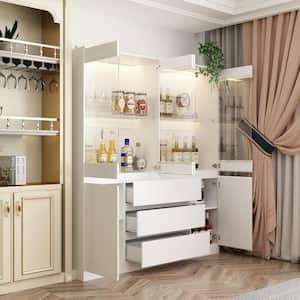 White Wood 63 in. W Food Pantry Cabinet Kitchen Bar Wine Cabinet with Tempered Glass Doors, 3 Color Lights, 3 Drawers