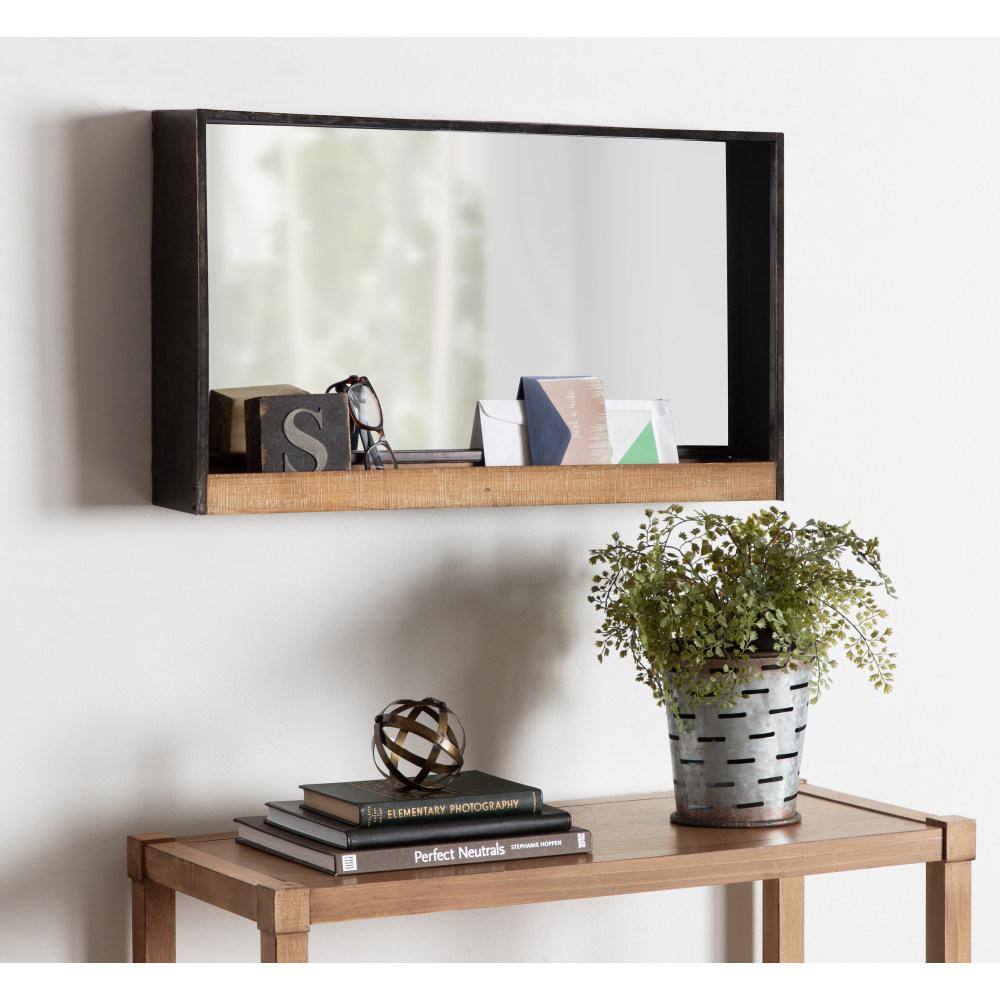 Rustic Brown Wood and Metal Bathroom Vanity Mirror with Shelf