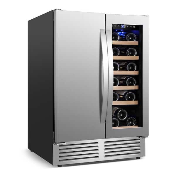 24 in. Dual Zone 18-Bottle and 60-Can Wine and Beverage Cooler 4-Door Handles Wine Fridge Six Adjustable Feet in Silver