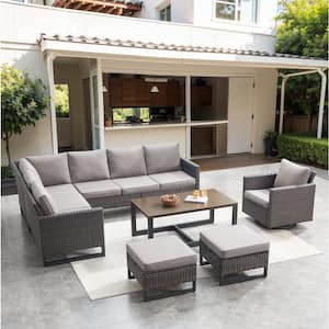 Valenta Brown 7-Piece Wicker Patio Conversation Sectional Seating Set with Gray Cushions