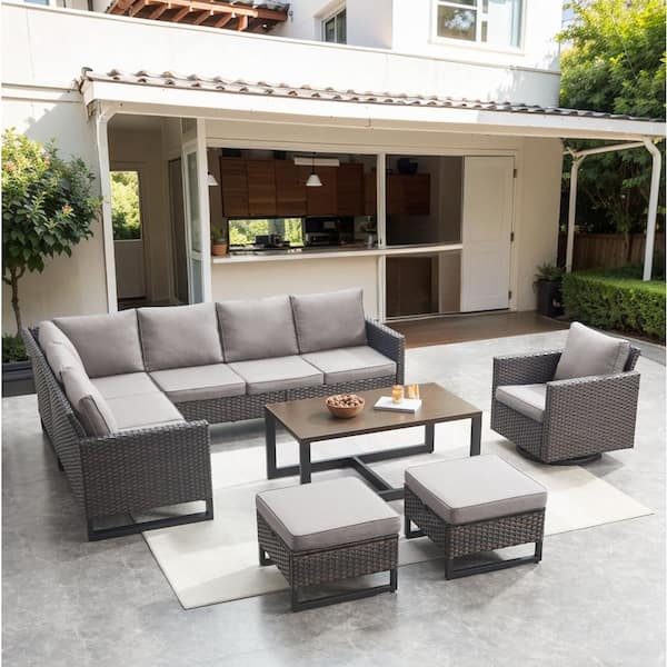 Gymojoy Valenta Brown 7-Piece Wicker Patio Conversation Sectional Seating Set with Gray Cushions