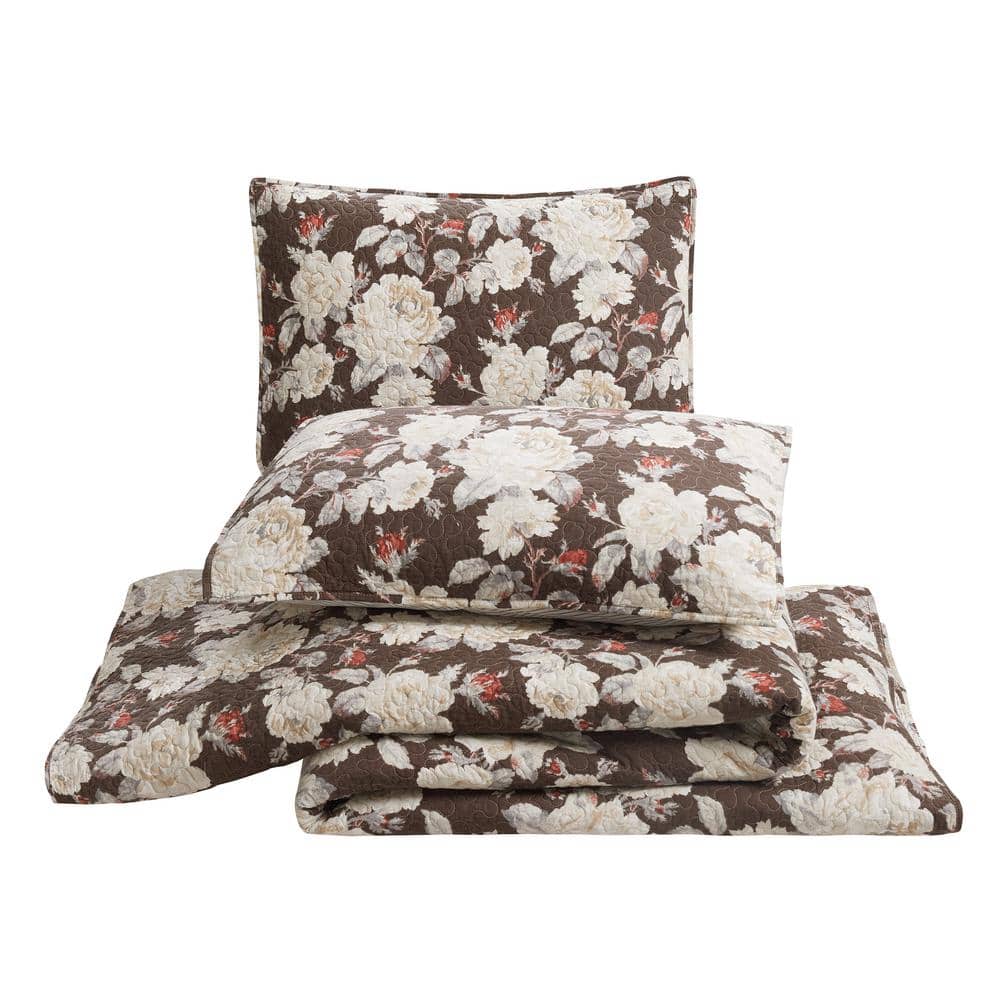 King Size Brown Cotton Floral Quilt Set with Shams