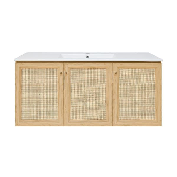 Classe 48 in. Wall-Mounted Bathroom Vanity in Natural Oak with White Ceramic Sink Top