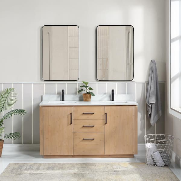 ROSWELL San 60 in.W x 22 in.D x 33.8 in.H Double Sink Bath Vanity in Fir Wood Brown with White Composite Stone Top