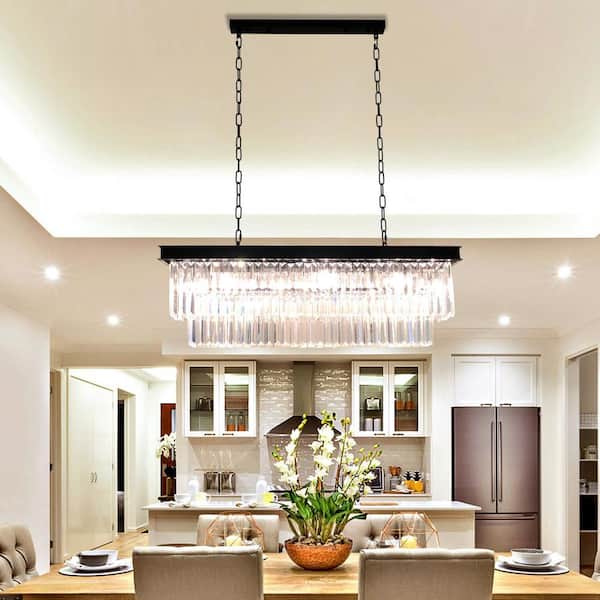 Sefinn Four Modern 8-Light Rectangle Black Crystal Chandelier for