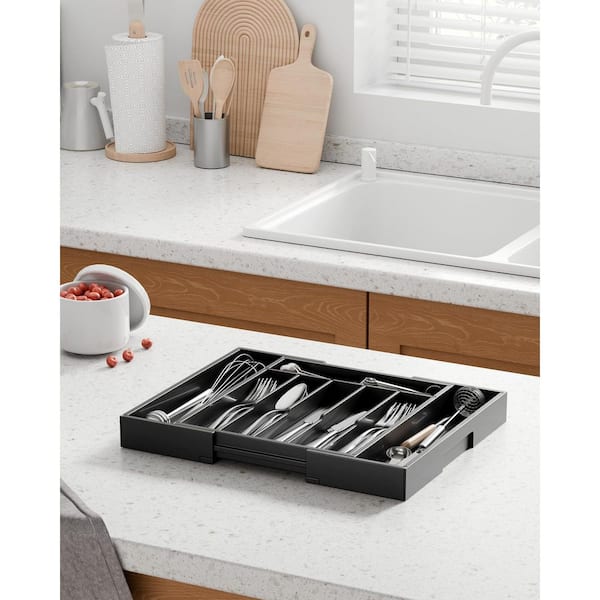 Black Bamboo Expandable Kitchen Drawer Silverware Organizer with Adjustable Slots for Utensils and Cutlery Storage