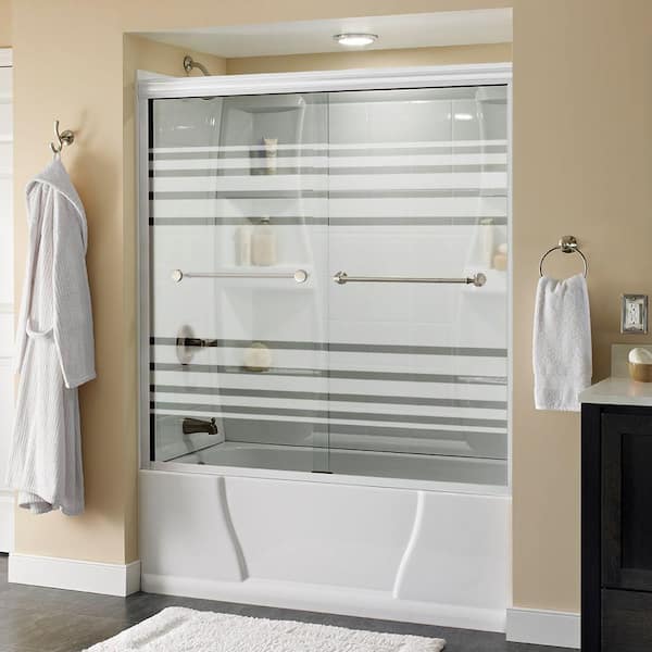 Delta Mandara 60 in. x 56-1/2 in. Semi-Frameless Traditional Sliding Bathtub Door in White and Nickel with Transition Glass