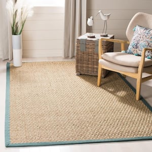 Natural Fiber Beige/Light Blue 5 ft. x 8 ft. Border Area Rug