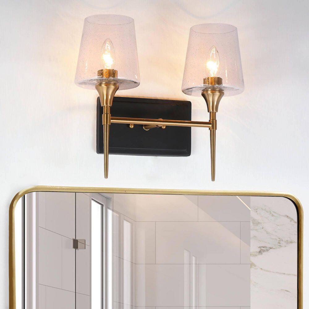 Modern Farmhouse 13.5 in. 2-Light Black Bathroom Vanity Light, Plated Brass Wall Sconce, Wine Seeded Glass Bath Lighting price history on PriceWatchPro