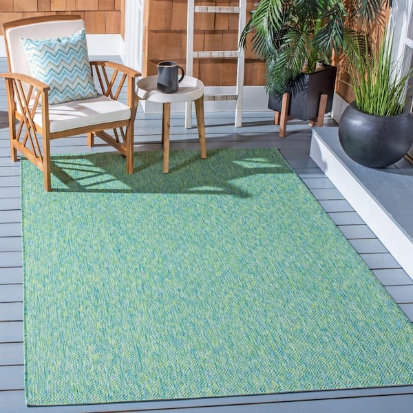 Courtyard Green/Blue 9 ft. x 12 ft. Solid Distressed Indoor/Outdoor Patio  Area Rug