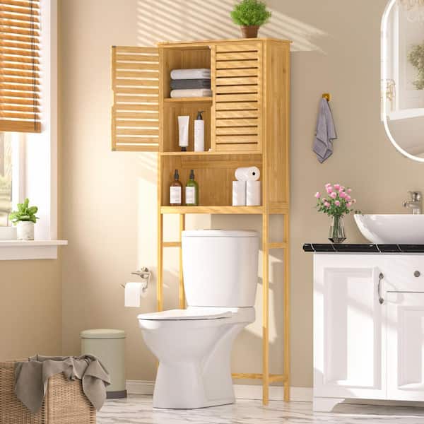 24.4 in. W x 66.9 in. H x 9.5 in. D Yellow Bamboo Over the Toilet Storage Bathroom Rectangular Cabinet with Open Shelf