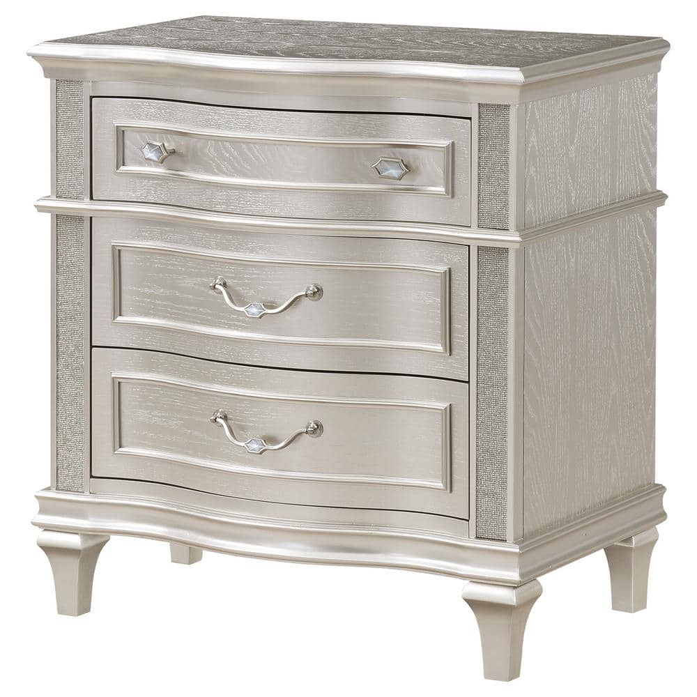 Evangeline Silver Oak 3-Drawer Glam Nightstand with USB Ports