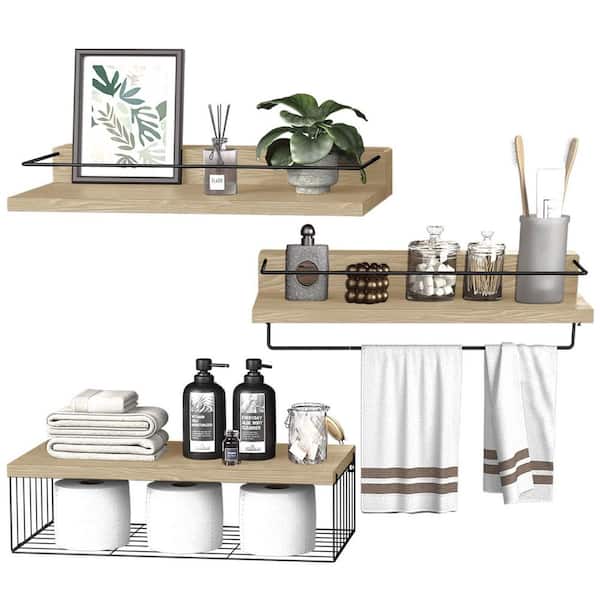 22.5 in.W x 6 in.D Bathroom Floating Shelves,with Storage Basket Paper Holer,Set of 3,Decorative Wall Shelf,Nature Wood