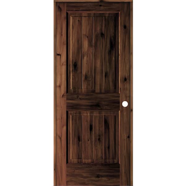 Krosswood Doors 32 in. x 80 in. Knotty Alder 2 Panel Left-Hand Square Top V-Groove Red Mahogany Stain Wood Single Prehung Interior Door