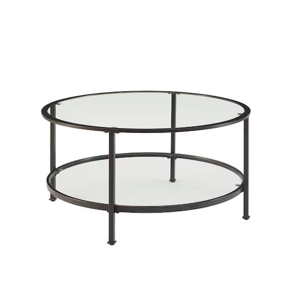 CROSLEY FURNITURE Aimee 36 in. Oil Rubbed Bronze Round Glass Top Coffee Table with Shelf