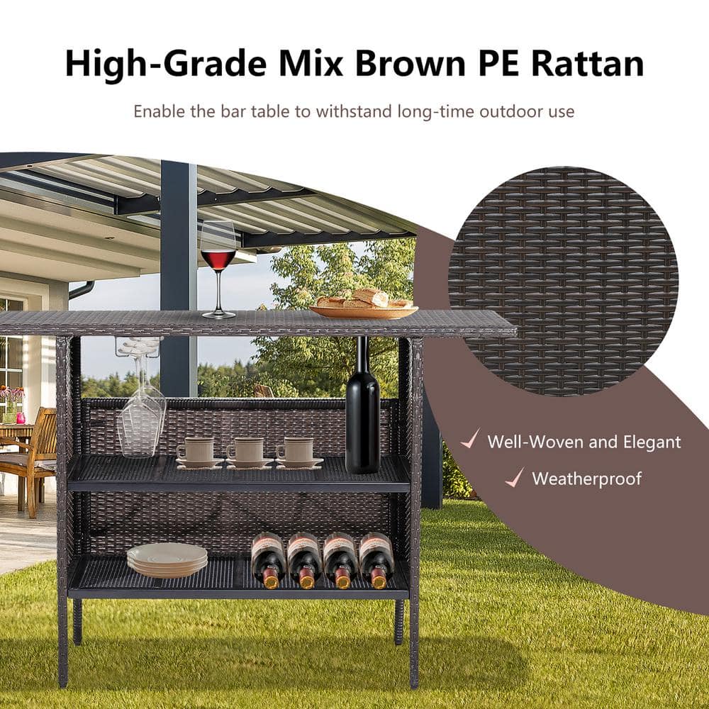 Brown Steel and Wicker Outdoor Bar Table with Shelves